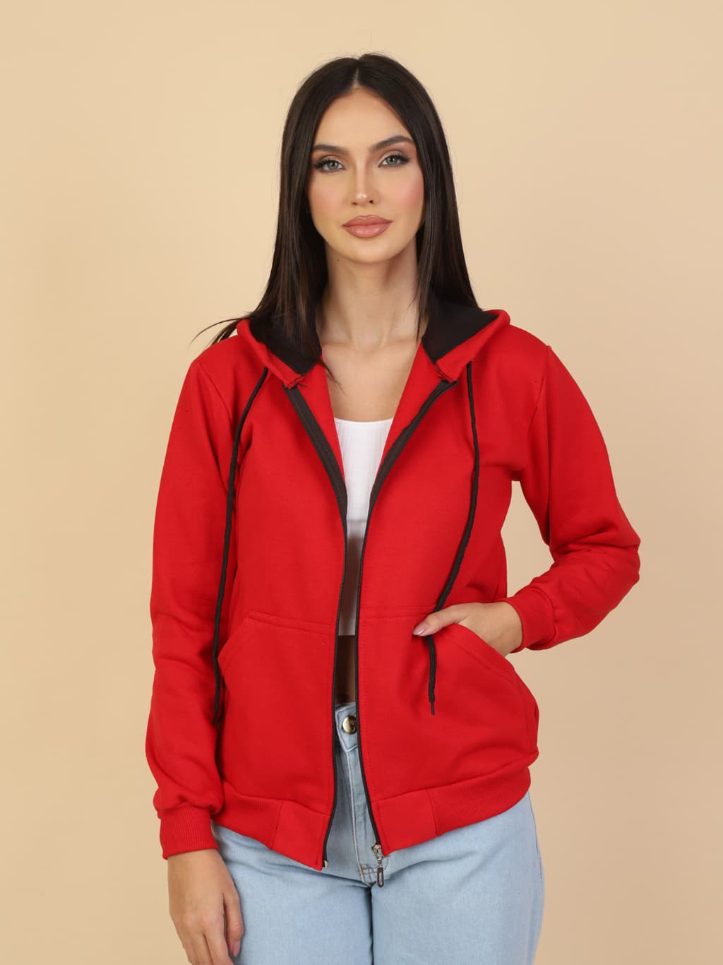 Imagem da oferta Blusa De Frio Casaco Moletom Feminina Com Ziper e Capuz Liso Várias Cores Com Plus Size