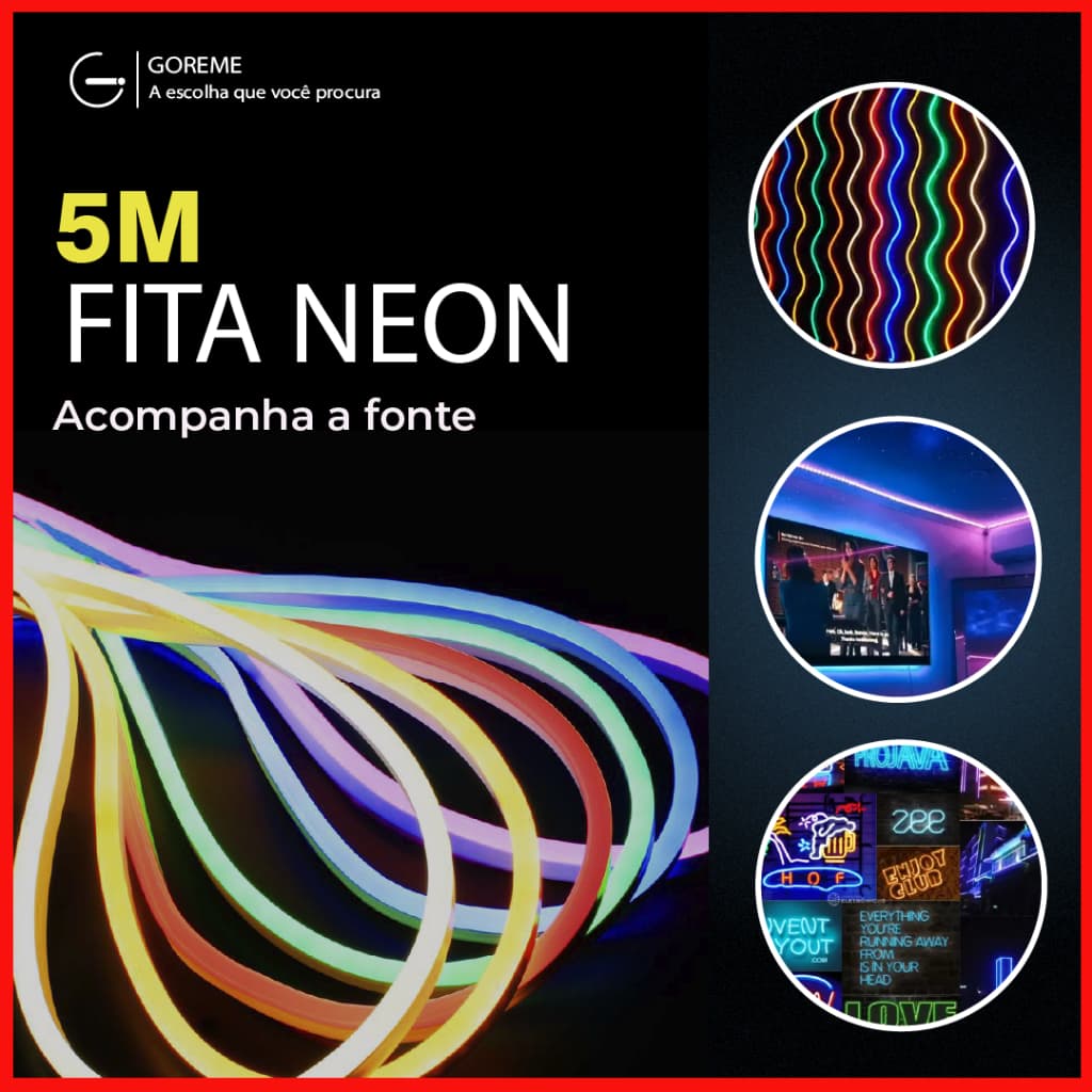 Imagem da oferta Fita de LED Mangueira Neon 5 Metros IP65 Flexível Com ou Sem Fonte | 8 Cores