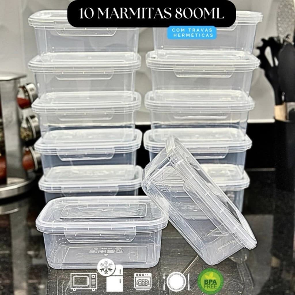 Imagem da oferta Kit 10 Marmita conjunto Potes 750ml com Travas Laterais BPA FREE - Alimentos organizadores de congelador