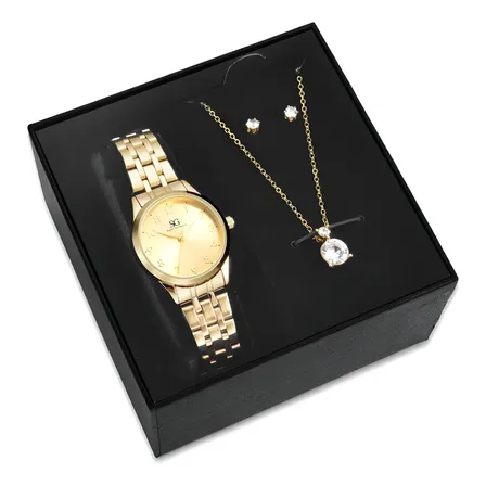 Imagem da oferta Kit Relógio Colar E Brincos Ponto De Luz Dourado Feminino Luxo Golden Saint Germain Presente Original Joias Elegante Clássico 28mm