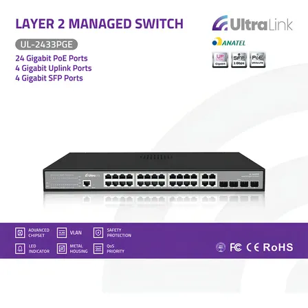 Imagem da oferta Switch Gerenciável Ultra Link 28 Portas Gigabit Poe Ul-2433pge Montado Em Rack