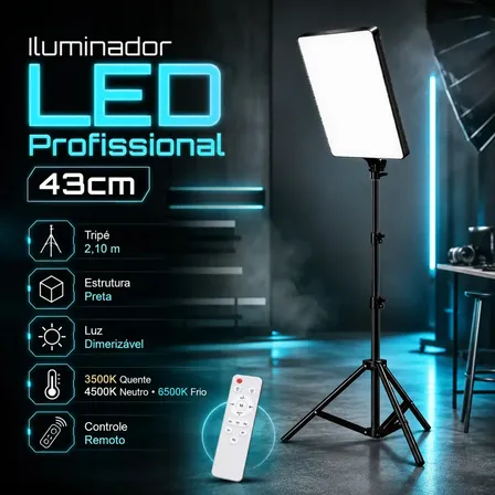 Imagem da oferta Iluminador Led Profissional Quadrado Lumi Para Fotos E Vídeos, Com Tripé De 2,10m E Luz Ajustável 127/220v Preto Branco