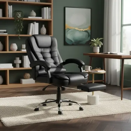 Imagem da oferta Cadeira De Escritório Itália Presidente Ergonômica Couro Sintético Encosto Ajustável Com Trava E Apoio Para Pés Cor Preta Luvinco