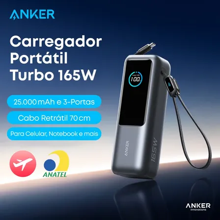 Imagem da oferta Carregador Portátil Power Bank Anker 25000mah 165w Cor Preto Carga Turbo Rápida Com 4 Portas E 2 Cabos Usb-c Integrados, Tela Digital Compatível Com Notebook, Macbook, iPhone, Samsung E AirPods
