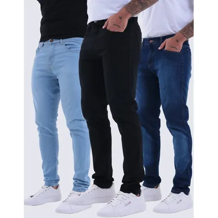 Imagem da oferta Kit 3 Calças Jeans Skinny Masculina Com Lycra Estica Bem Nf Azul Claro Cinza Preta 42