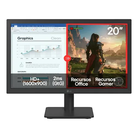 Imagem da oferta Monitor LG LED Home & Office 20U401A-B Tela 20” HD+, LG Switch, Modo leitura e Flicker Safe, HDMI, VGA, 2ms (GtG), 75Hz, Black Stabilizer, Dynamic Action Sync, Crosshair, saída fone de ouvido