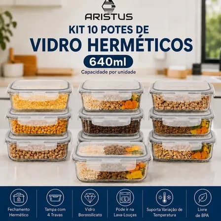 Imagem da oferta Kit 10 Potes Vidro Hermético Aristus 640ml Marmita Anti Vazamento Forno Micro-ondas Freezer Tampa 4 Travas - Cinza
