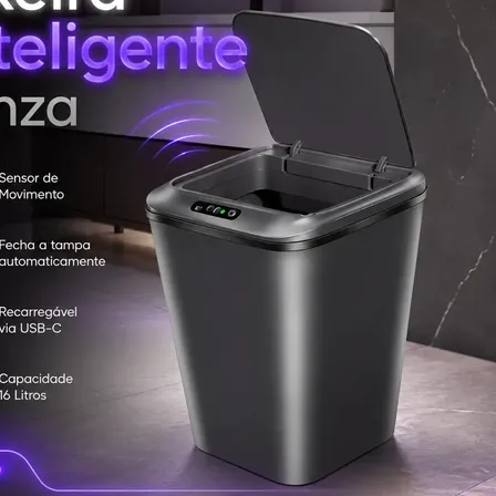 Imagem da oferta Lixeira Inteligente Sensor Automático 16l Cinza Smart Recarregável Para Banheiro E Cozinha