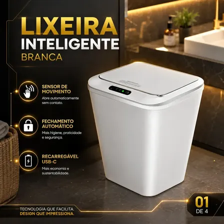 Imagem da oferta Lixeira Inteligente Automática Branca Universal Com Sensor Hearbuds Recarregável Anti Odor 16l Branco