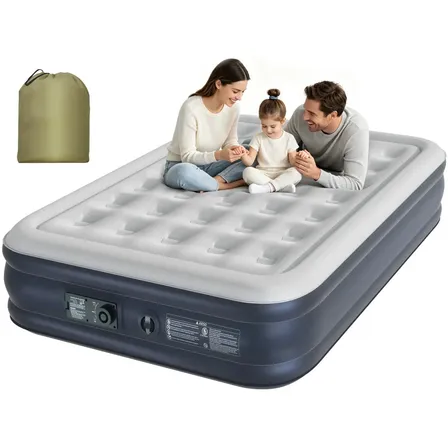 Imagem da oferta Colchão Inflável Queen Casal Com Bomba Elétrica Embutida 200x154x43cm Portátil Azul E Branco