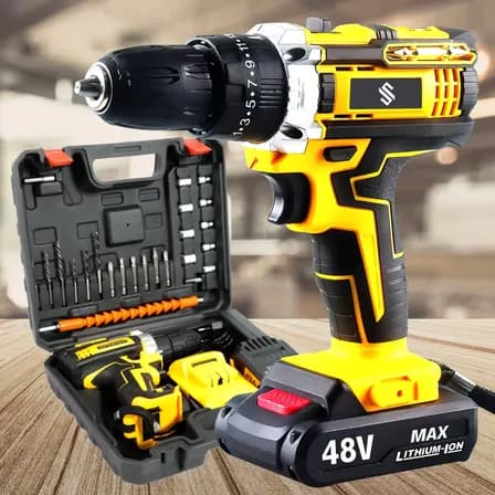 Imagem da oferta Parafusadeira Furadeira C/ 2 Baterias Maleta Kit Completo Led Eixo Flexível Vários Níveis Torque Amarelo 127/220v 60 Hz