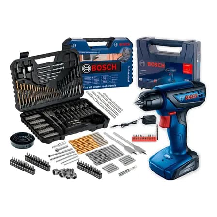 Imagem da oferta Furadeira Parafusadeira Sem Fio De 6mm Bosch Gsr 1000 Smart C/ Maleta + Jogo Kit Pontas Brocas 103 Peças Bosch Azul 127/220v
