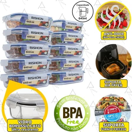 Imagem da oferta Kit 10 Pote De Vidro Marmita Hermético 640ml Freezer Fitness Rishon Azul-escuro