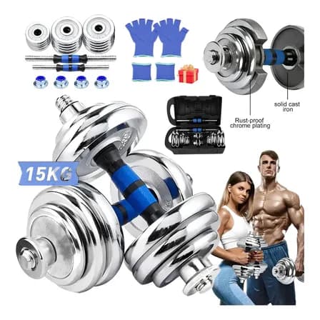 Imagem da oferta Kit Halteres Ajustáveis de 15kg para Treino de Força e Fitness com Barra Conectora