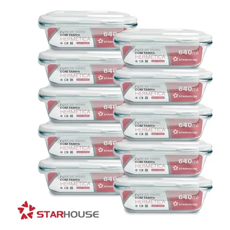 Imagem da oferta Kit 10 Potes Herméticos Vidro 640ml Starhouse Marmita Forno Micro-ondas
