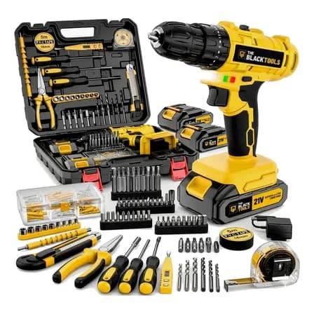 Imagem da oferta Parafusadeira Furadeira De Impacto The Black Tools Profissional 2 Baterias Com Maleta + Kit Acessórios 134 Peças Tbkit20 Amarelo 127/220v 60 Hz
