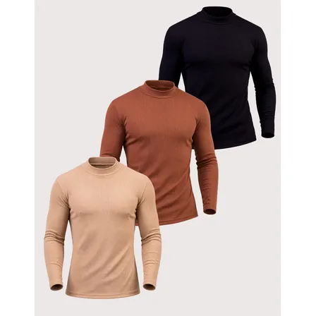 Imagem da oferta Kit 3 Cacharrel Suéter Canelada Masculina Inverno Premium Preto/marrom/bege Canelada G