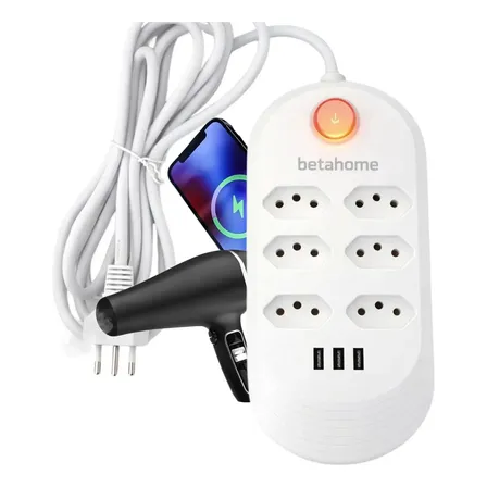 Imagem da oferta Extensão Elétrica 6 Tomadas Bivolt 3 Usb 2500w Régua Filtro De Linha 2 Metros Branco Cabo 2m 5 Mm Led Botão Power 10a 127/220v Energia Elétrico Padrão Brasileiro Profissional Protetor Gamer