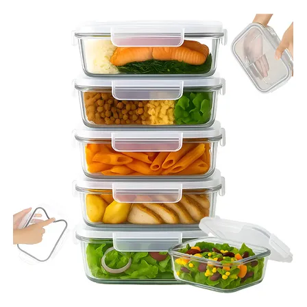 Imagem da oferta Yab - Kit 5 Potes De Vidro Marmita C/ Tampa Hermético 640ml Retangular 4 Travas Borossilicato Alimentos Micro-ondas Freezer Geladeira