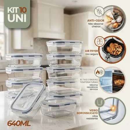 Imagem da oferta Kit 10 Pote De Vidro Marmita Hermético 640ml Freezer Fitness Rishon Azul-escuro