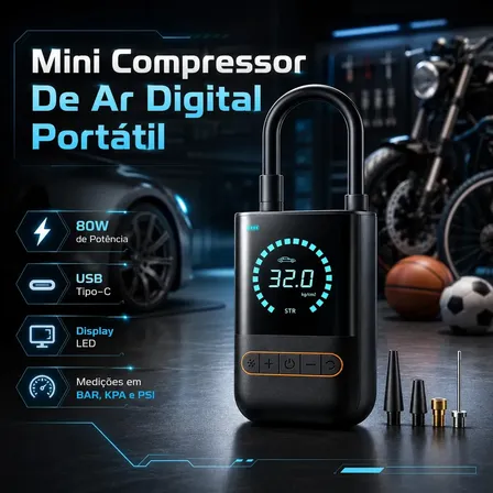 Imagem da oferta Mini Compressor De Ar Digital Para Pneus Carro Moto Bike 150psi Recarregável 4000mah