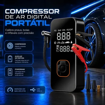 Imagem da oferta Bomba Elétrica Portátil Digital Para Encher Pneu De Carro Moto Bicicleta Inflador Automotivo Cor Preto 127/220v 50 Hz/60 Hz Monofásica