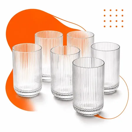 Imagem da oferta Jogo 6 Copos Vidro Canelado 423ml Moderno Elegante Premium Vinho Água Suco Drinks Gin Whisky Jogo Copos Taça Copo Conjunto Design Luxo Texturizado Cozinha Restaurante Decoração Hold On