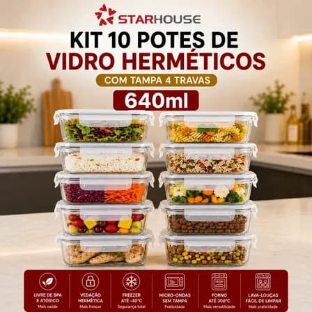 Imagem da oferta Kit 10 Potes Herméticos Vidro 640ml Starhouse Marmita Forno Micro-ondas Airfryer com 4 travas de super vedação