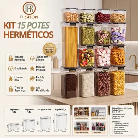 Imagem da oferta Kit 15 Potes Hermético Cadencia Mantimentos Quadrado Cozinha Branco Rishon 22,4 Litros