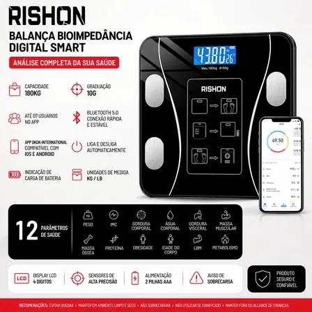 Imagem da oferta Balança Bioimpedancia Digital 180kg Smart Imc Profissional Rishon Com Aplicativo Preto