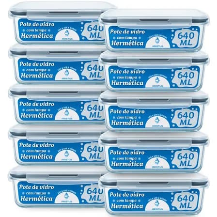 Imagem da oferta Kit 10 Potes Vidro Hermético Aristus 640ml Marmita Anti Vazamento Forno Micro-ondas Freezer Tampa 4 Travas - Cinza