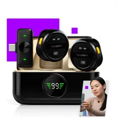 Imagem da oferta Microfone Lapela Redondo Sem Fio Tipo-C Duplo Anti Ruído P/ Android E iPhone 15 16 17 Com Caixinha Para Carregamento Cor Preto Nixzen