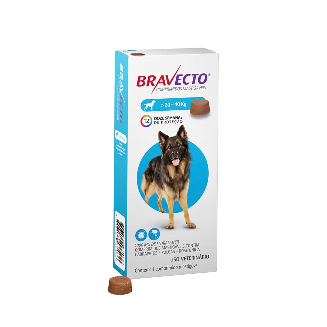 Imagem da oferta Bravecto® Cães 1000mg - Antipulgas e Carrapatos - Cães de 20 a 40kg - 1 Comp. Mastigável - MSD Saúde Animal