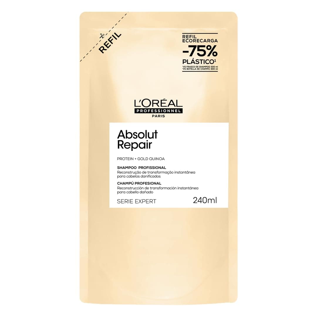 Imagem da oferta L'Oréal Professionnel Serie Expert Absolut Repair, Shampoo Reconstrutor para Cabelos Danificados e Finos Refil com Quinoa Dourada, Reparação Profunda e Brilho Intenso 240ml
