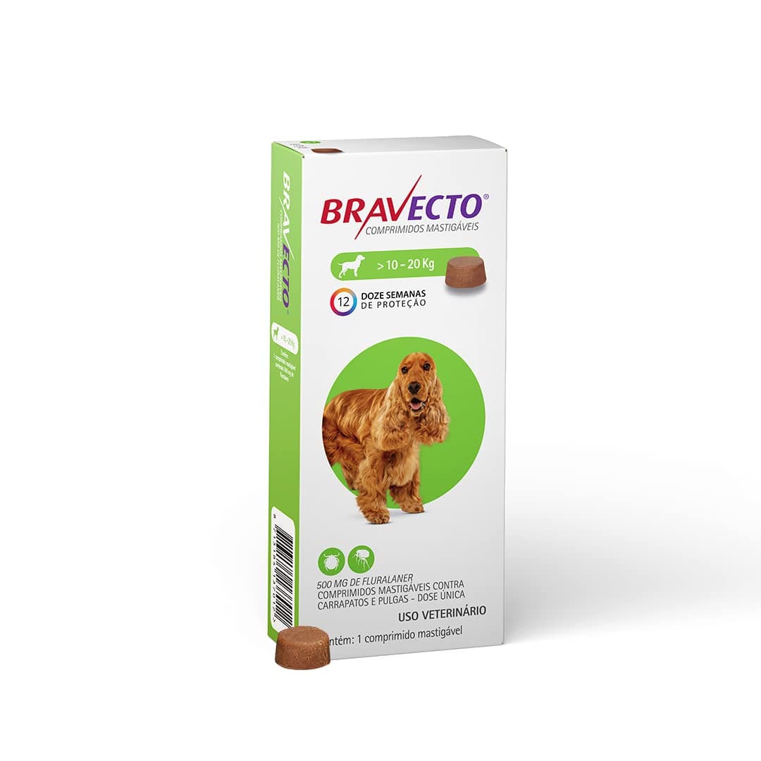 Imagem da oferta Bravecto® Cães 500mg - Antipulgas e Carrapatos - Cães de 10 a 20kg - 1 Comp. Mastigável - MSD Saúde Animal