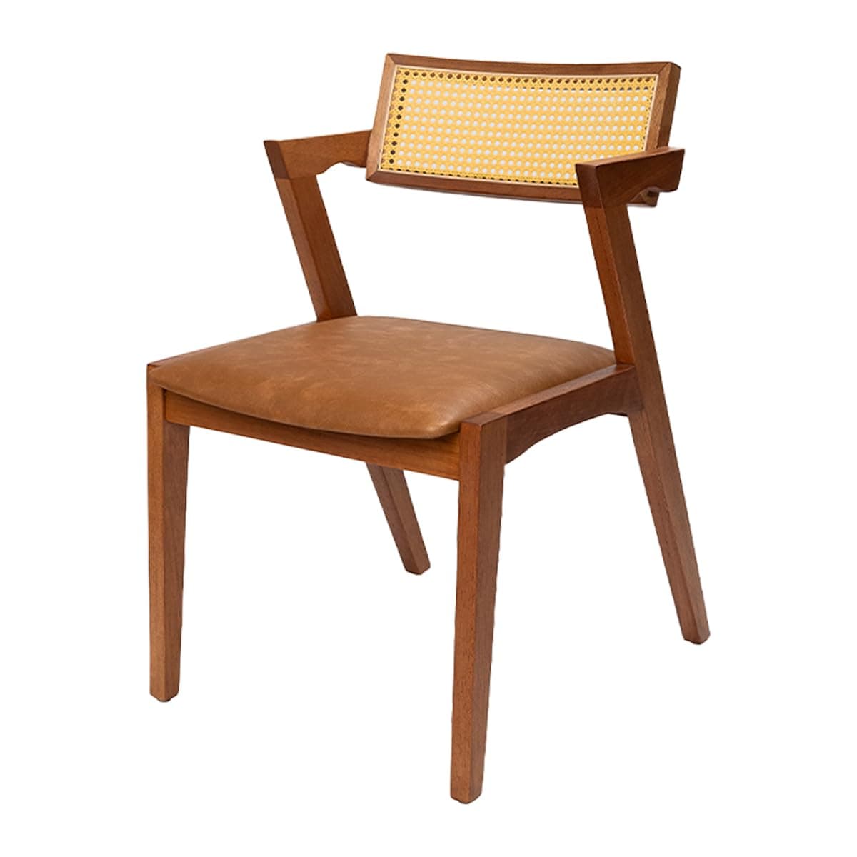 Imagem da oferta Cadeira de Jantar Estofada Madeira Maciça Com Telinha Rattan Natural Stter (Couro Marrom)
