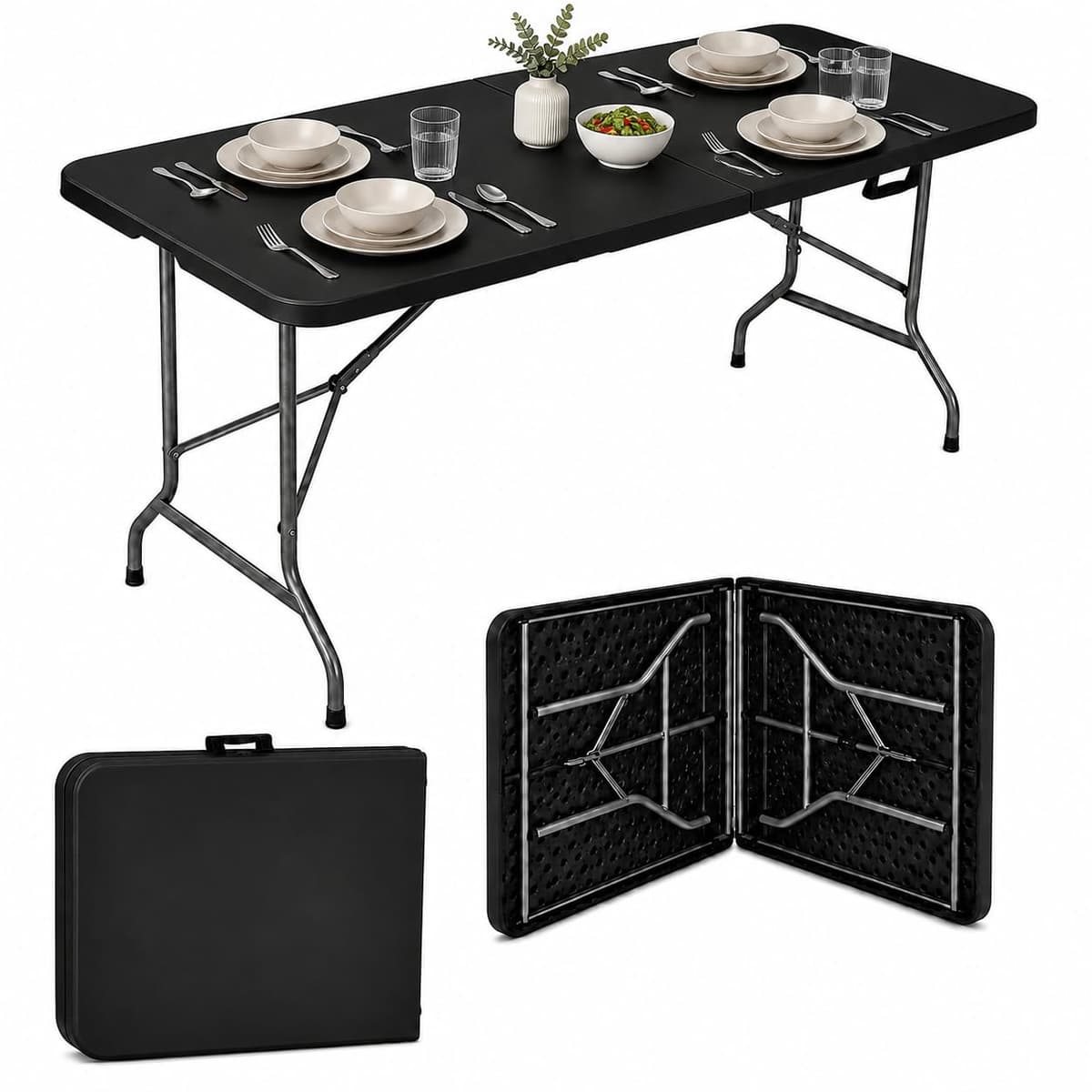 Imagem da oferta Mesa Dobrável 1,80m Portátil Preta Tipo Maleta com Alça – Resistente e Leve, Ideal para Camping, Praia, Jardim, Festas e Área Gourmet Interna ou Externa