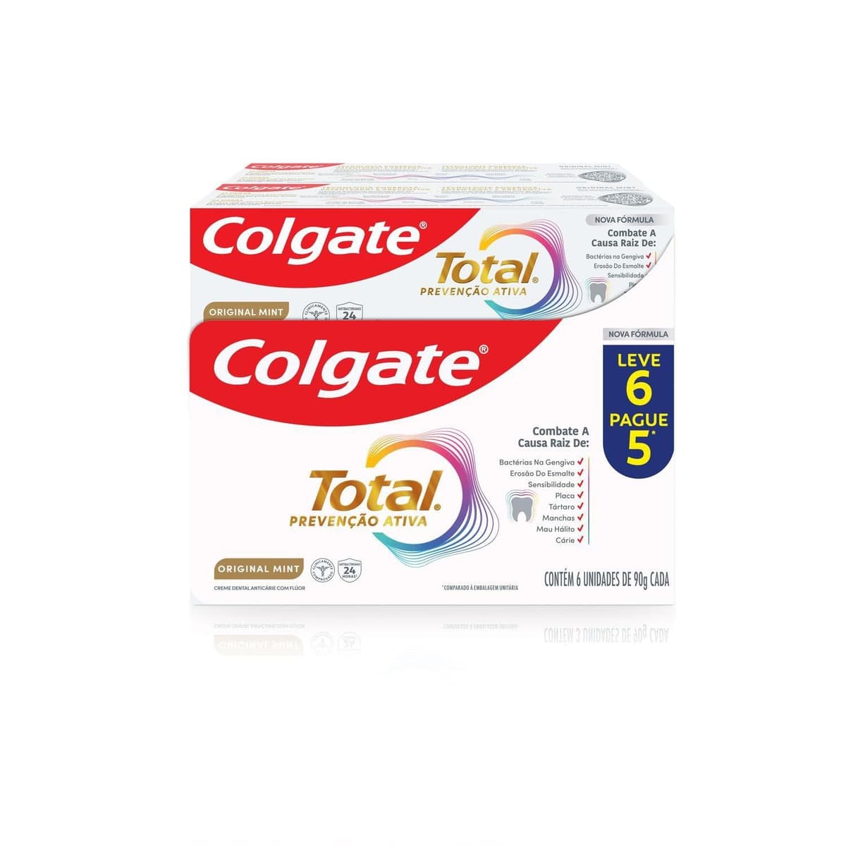 Imagem da oferta Creme Dental Colgate Total Original Mint 6x90g | Prevenção Ativa, 24 horas de ação contra bactérias, Anticárie com Flúor, Combate o Mau Hálito