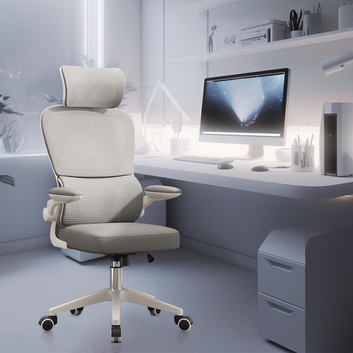 Imagem da oferta Cadeira de escritório, design ergonômico com suporte lombar independente, malha respirável e encosto de cabeça ajustável (Cinza)