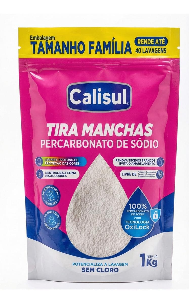 Imagem da oferta Percarbonato de Sódio 1kg 100% Puro Tira Manchas em Pó Sem Cloro, Biodegradável e Seguro para Roupas Brancas, Coloridas e Limpeza Doméstica Calisul