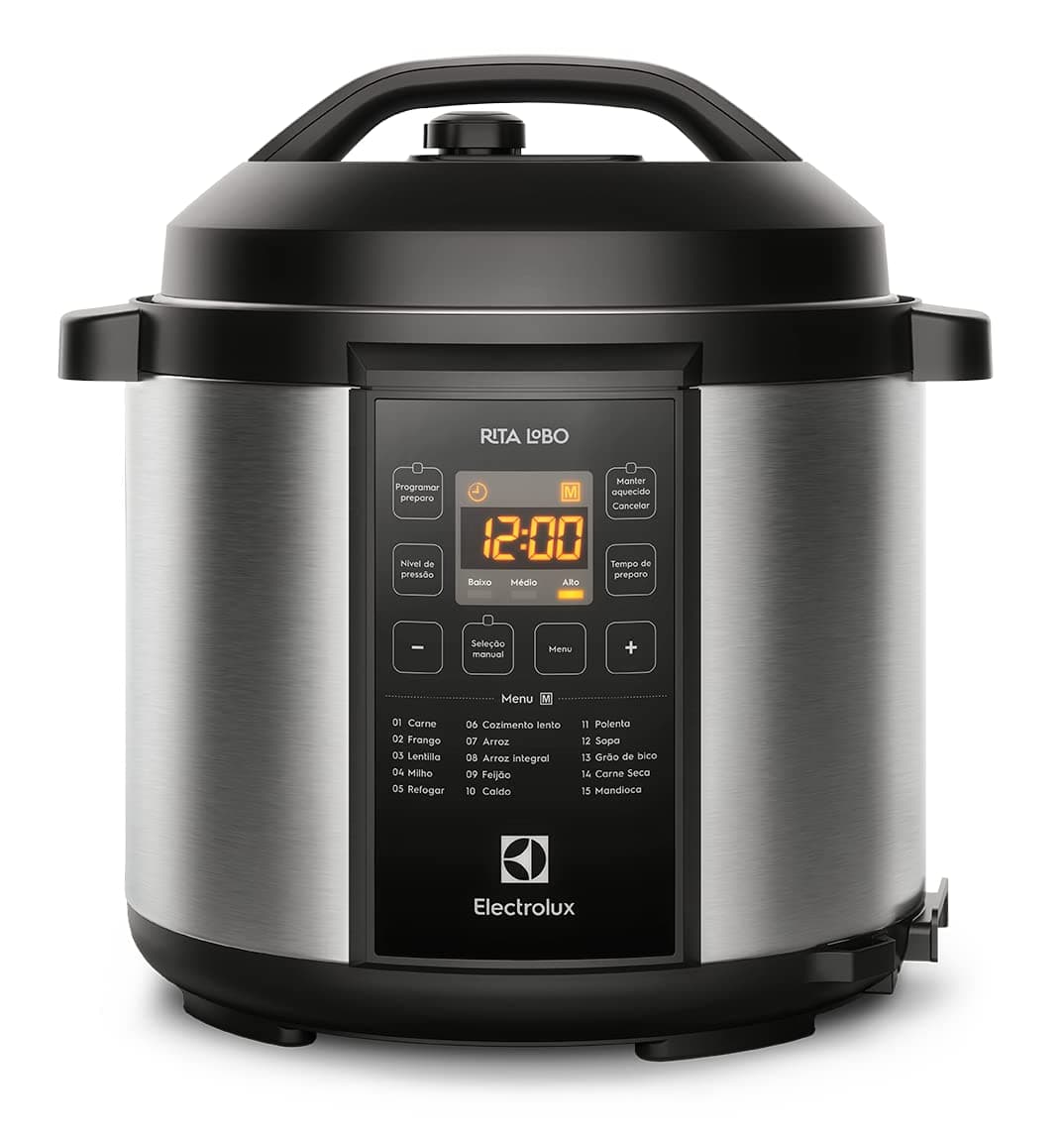 Imagem da oferta Electrolux Panela pressão elétrica Electrolux digital capacidade 6L silenciosa segura 10 travas segurança 15 receitas pré-programadas 3 níveis pressão PCC20 inox preto 127v por Rita Lobo
