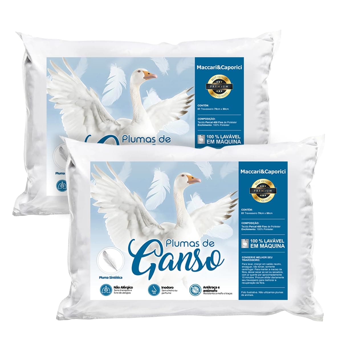 Imagem da oferta Kit 02 Travesseiro Toque de Pluma Premium Percal 400 Fios 50x70cm Lavável, Antiácaro, Antialérgico