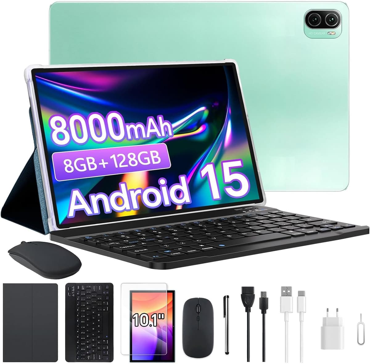 Imagem da oferta Xixaomiro Tablet Android 15 Pad 10.1", Câmera 13MP + 5MP, Bateria 8000mAh – Kit Completo com Caneta, Mouse, Teclado e Capa, Adequado para Estudo, Trabalho e Lazer (Verde)