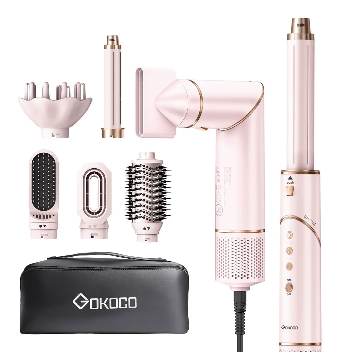 Imagem da oferta GOKOCO Secador de Cabelo 127v/110v 7 em 1 - Incluso 2x Bocal, Difusor, Escova Secadora, 2x Modelador de Cachos, Alisador para Alta Velocidade Para Secar, Alisar e Enrolar, GD032 Rosa
