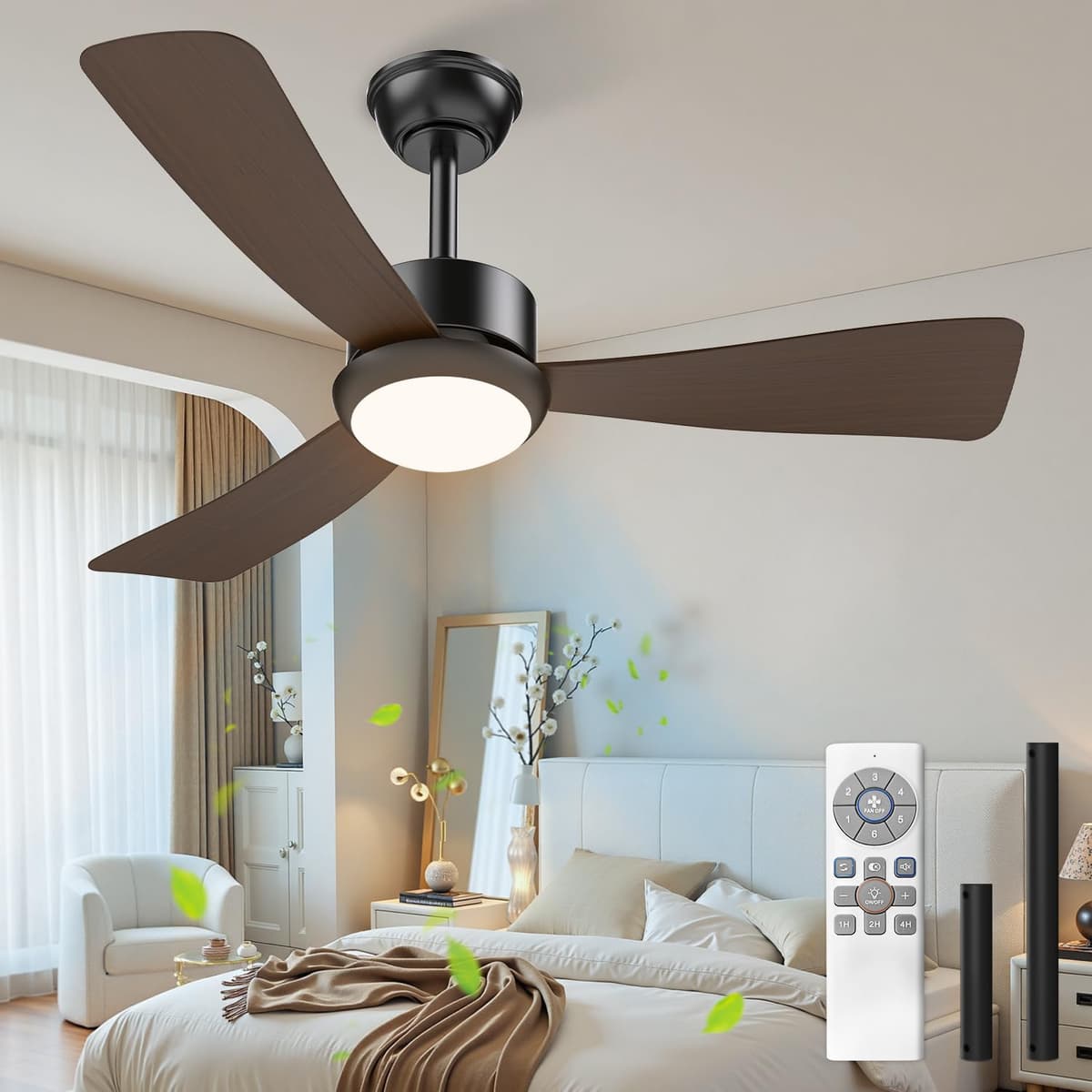 Imagem da oferta Ventilador de Teto com Controle Remoto e Luz LED 42" (106cm), Motor BLDC Silencioso Reversível, 6 Velocidades, Luz 3 Cores, Timer, Economizador de Energia, Bivolt 110-220V,Preto