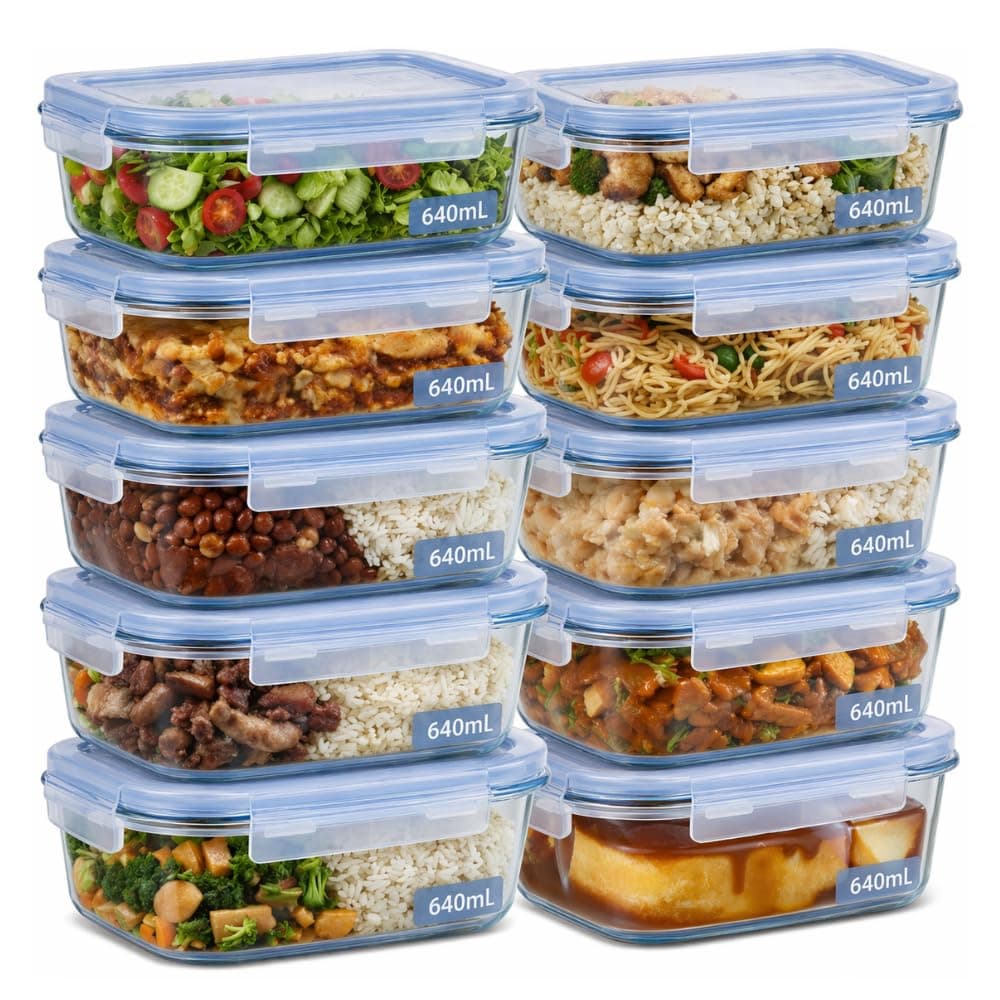 Imagem da oferta Kit 10 Potes de Vidro Herméticos 640ml com 4 Travas Ideal para Marmitas e Conservação de Alimentos, Vedação Total, Refratário para Forno e Freezer