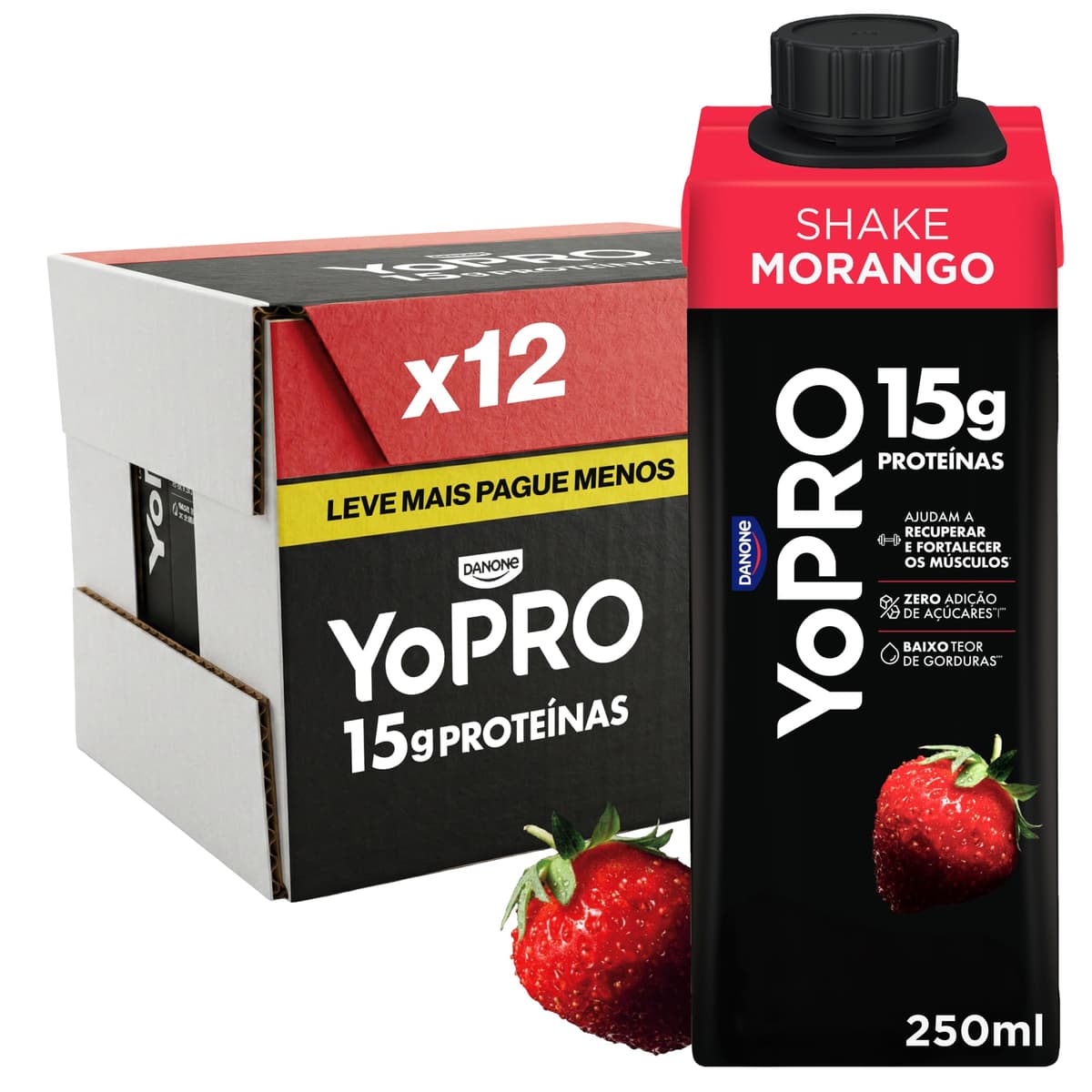 Imagem da oferta YoPRO Bebida Láctea UHT Morango – 15g de Proteínas, Líquido, Caixinha Tetra Pak 250ml (Pack com 12 unidades)