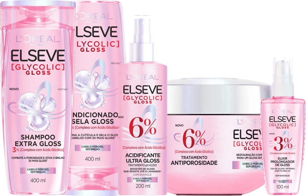 Imagem da oferta Kit Tratamento Capilar L'Oréal Paris Elseve Glycolic Gloss, Combate Porosidade, 5 Produtos para Brilho e Alinhamento