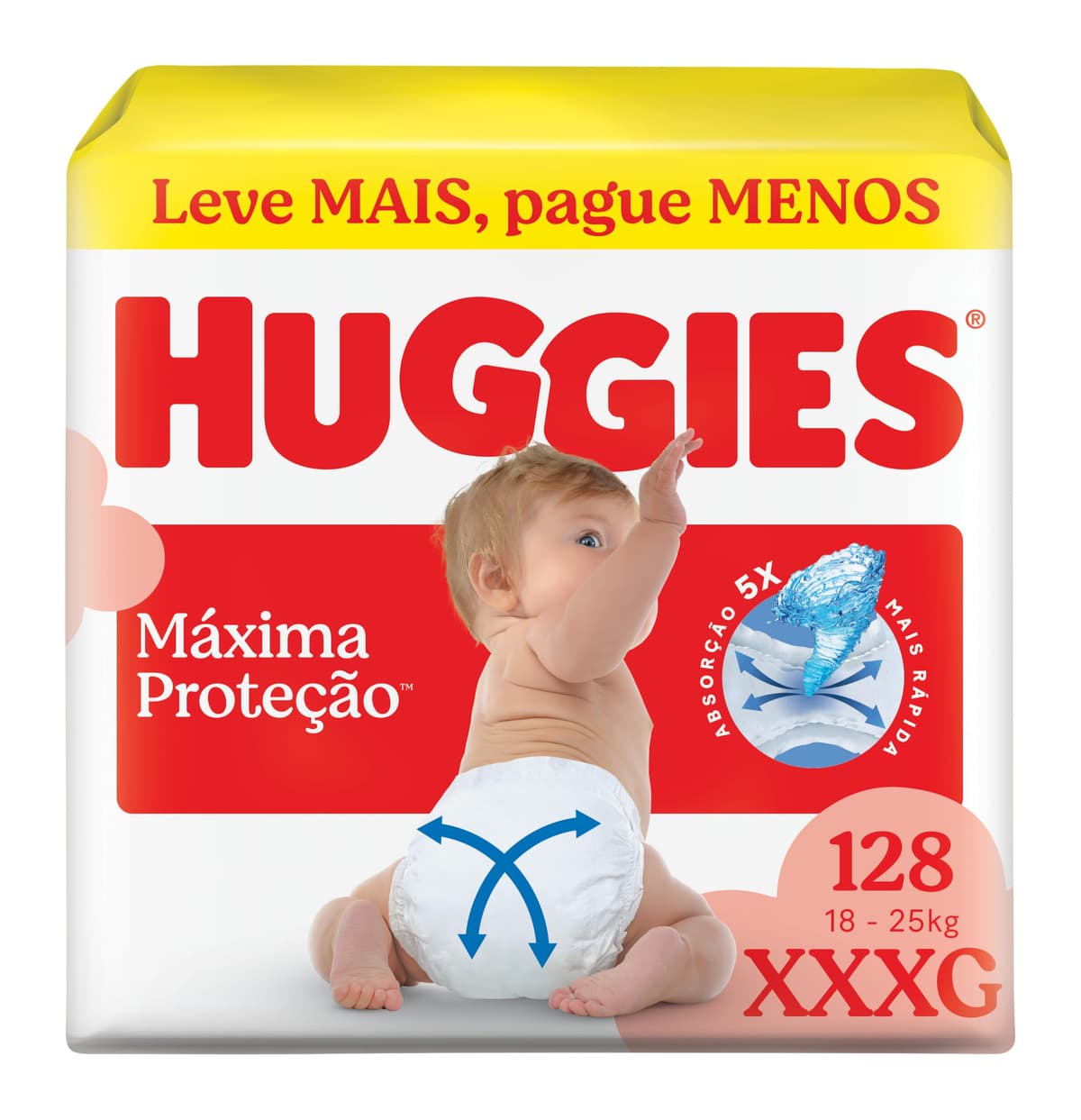 Imagem da oferta Fralda Descartável Huggies Máxima Proteção Tamanho XXXL 128 unidades – Fralda aberta com tecnologia Xtra-Flex, canais em X que se adaptam aos movimentos e máxima proteção sem fralda caída